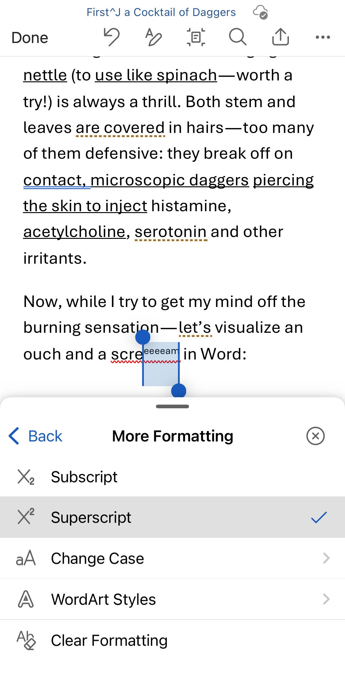 Select “Superscript” for raised characters in MS Word for iOS