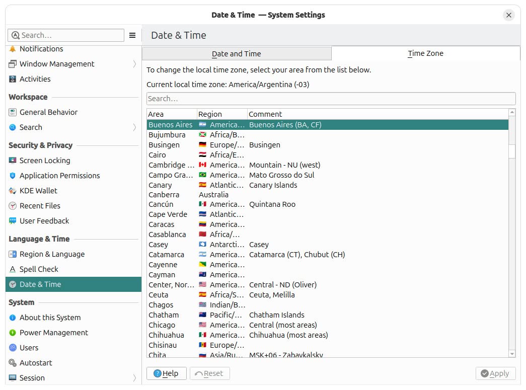 Setting the time zone using KDE System Settings