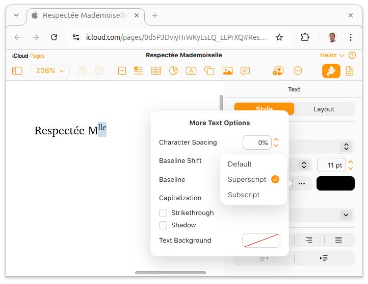 Superscript characters with iCloud Pages on iCloud.com