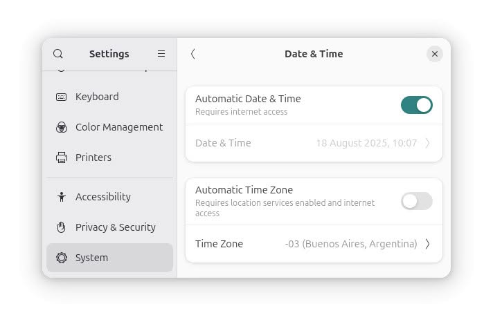 Turn off “Automatic Time Zone” and click “Time Zone” to change the time zone for Gnome Linux