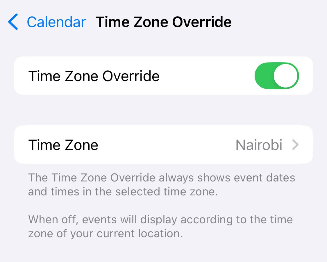 Using a specific time zone for Apple Calendar on iPhone