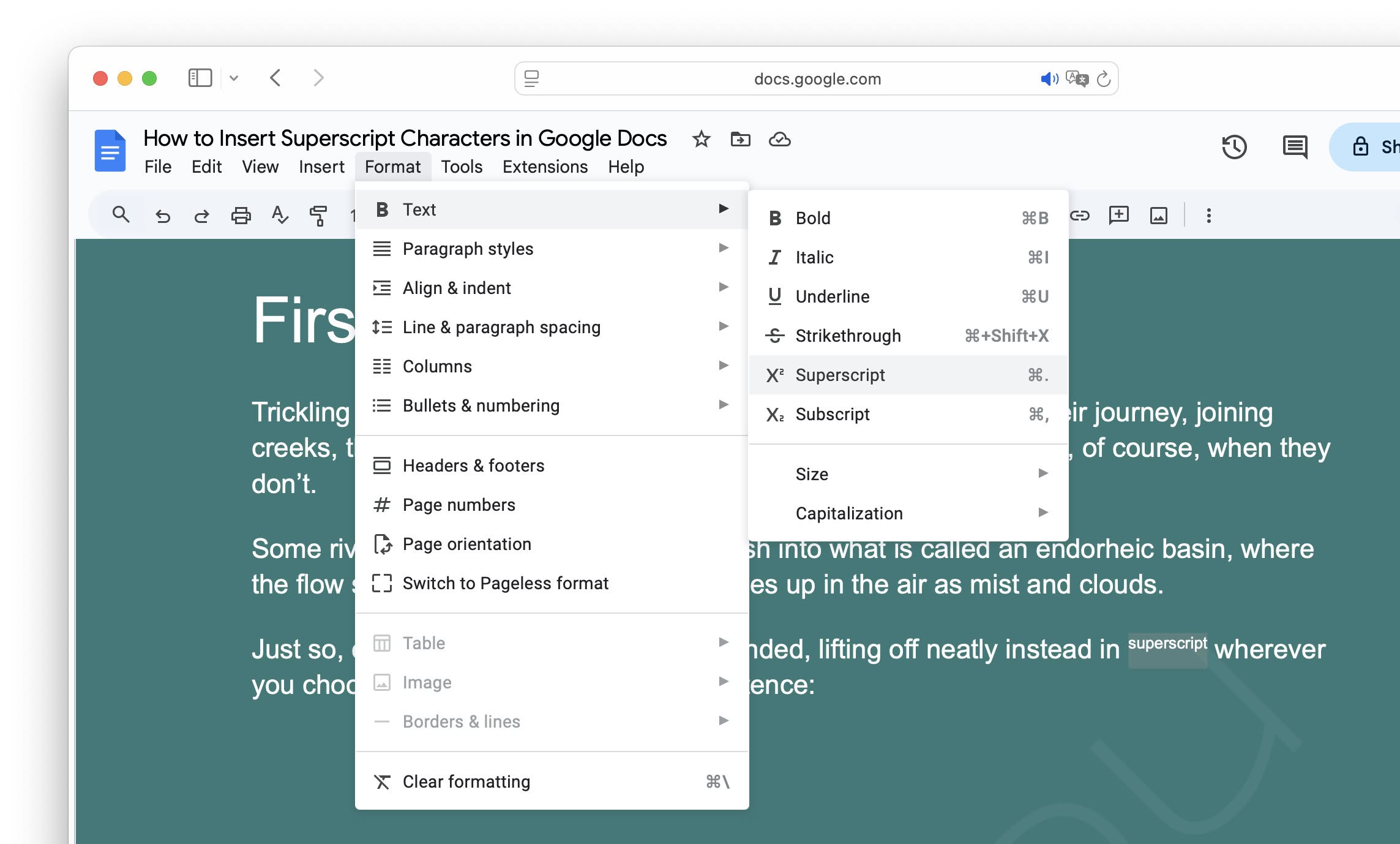 Apply superscript formatting to any character in Google Docs using the menu