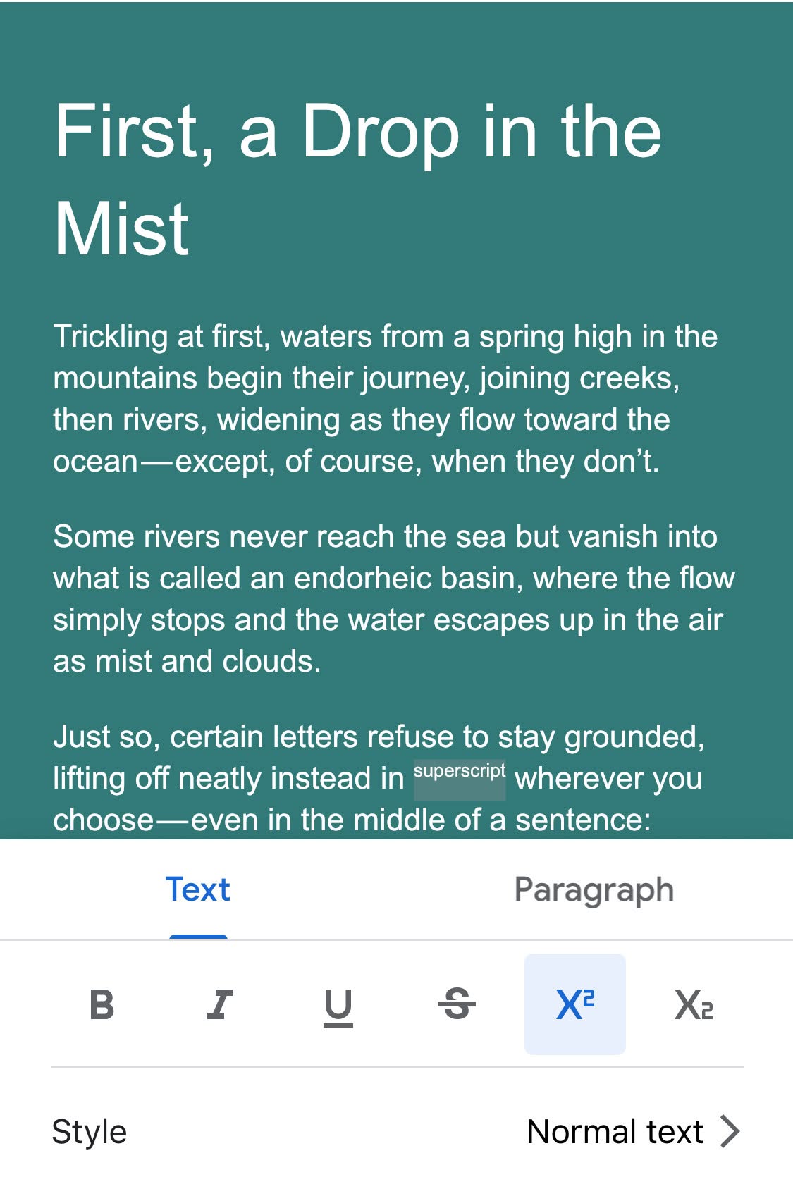 Applying superscript formatting in Google Docs for iPhone