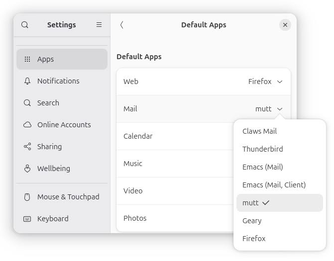 Changing the default email client on Linux using Gnome Settings