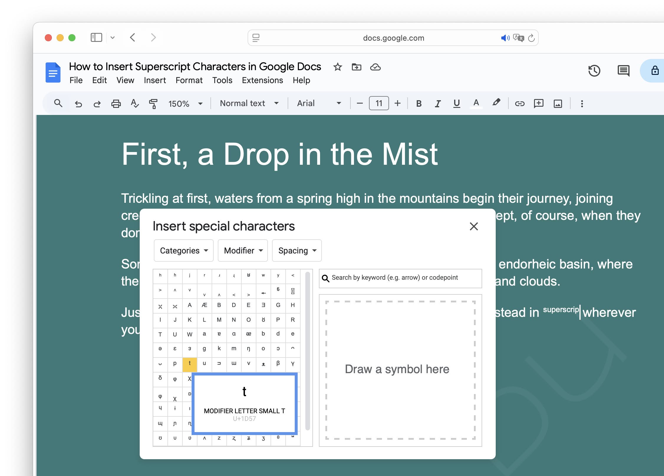 Inserting superscript Unicode characters in Google Docs