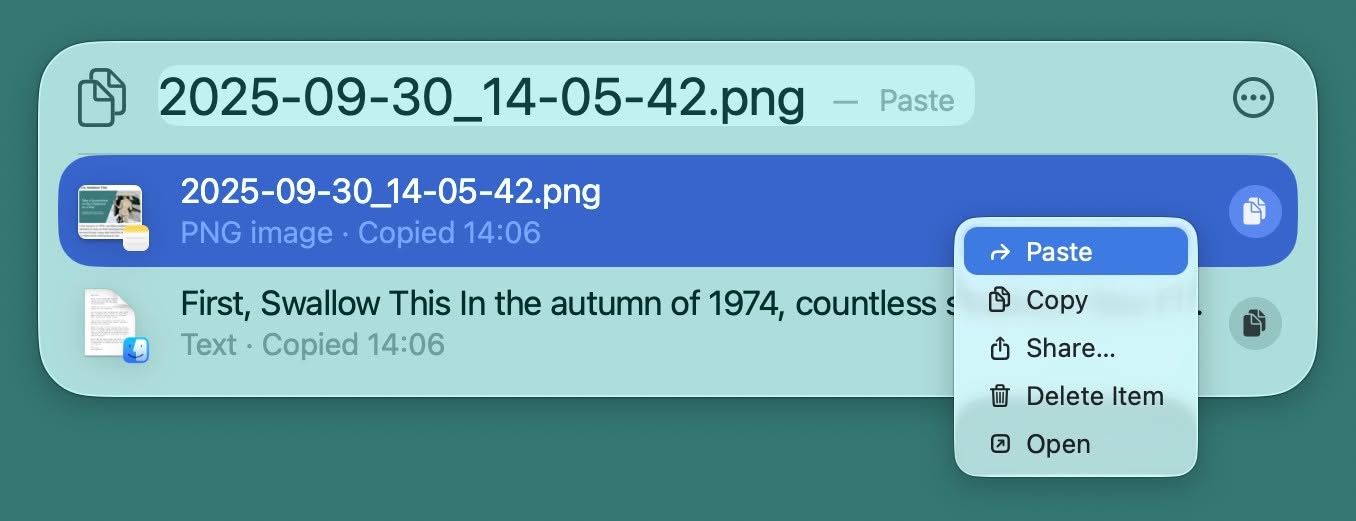Pasting an item directly from the clipboard history on a Mac using the context menu