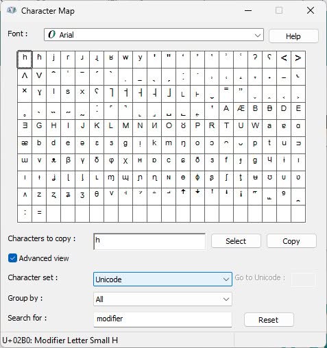 Superscript letters in Windows Character Map
