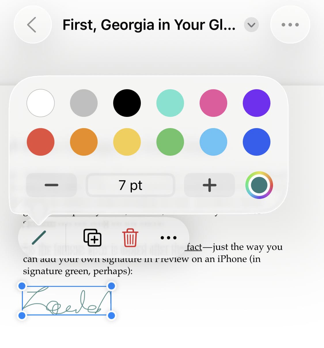 Change the point size of a signature using the editing button in Preview for iPHone