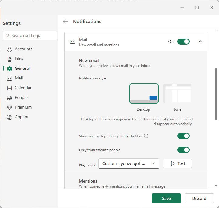 Click “Save” with the desired sound file in place for new mail notifications in New Outlook for Windows