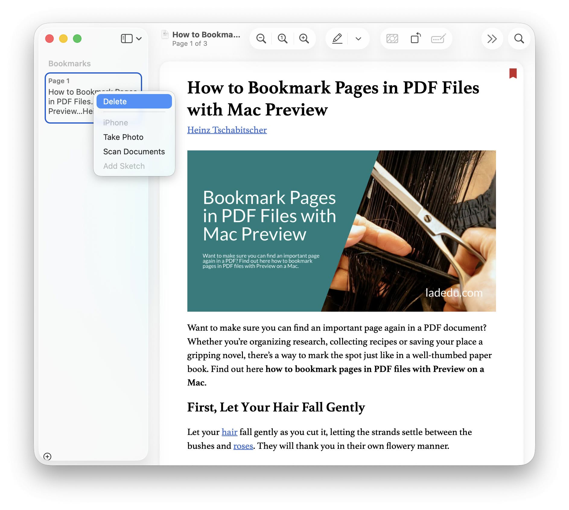 Deleting a bookmark in Mac Preview