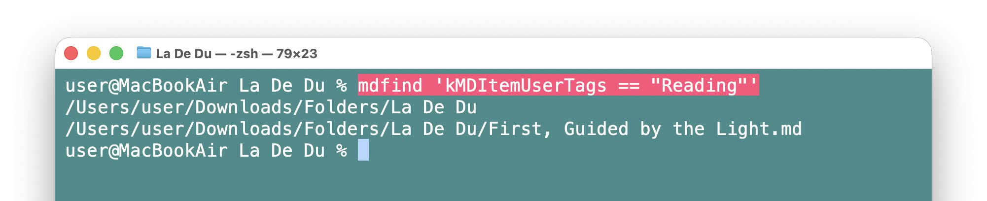 Listing files by tag using mdfind in Mac Terminal