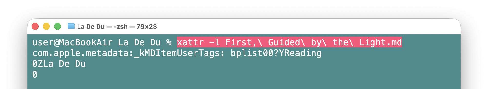 Listing the Finder tags for a file using xattr in macOS Terminal