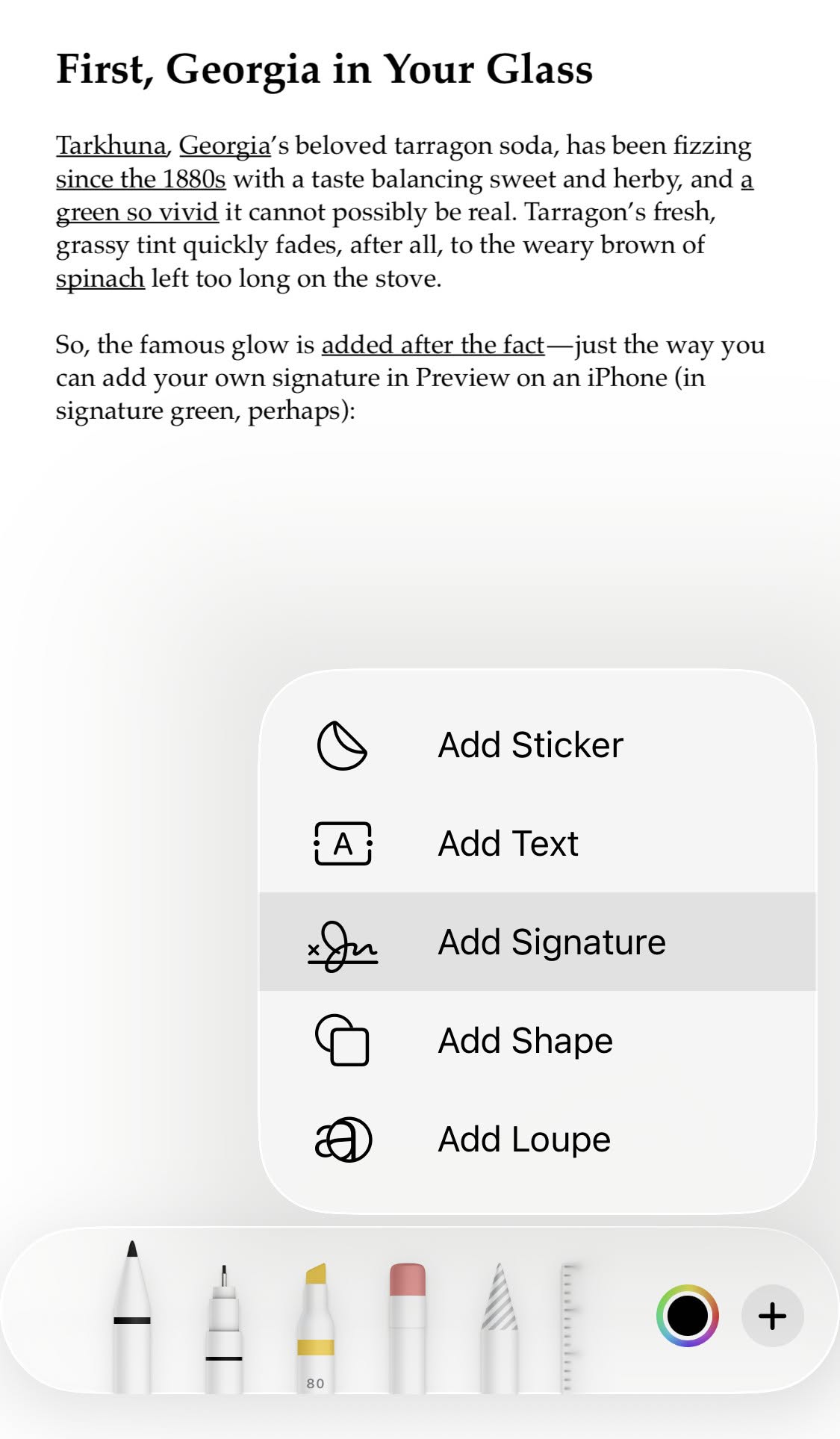 Select “Add Signature” from the markup toolbar in Preview for iPhone to starting inserting a handwritten signature into PDFs