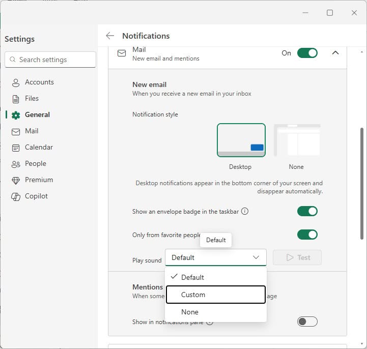 Select “Custom” for “Play sound” to change the new mail sound in New Outlook for Windows