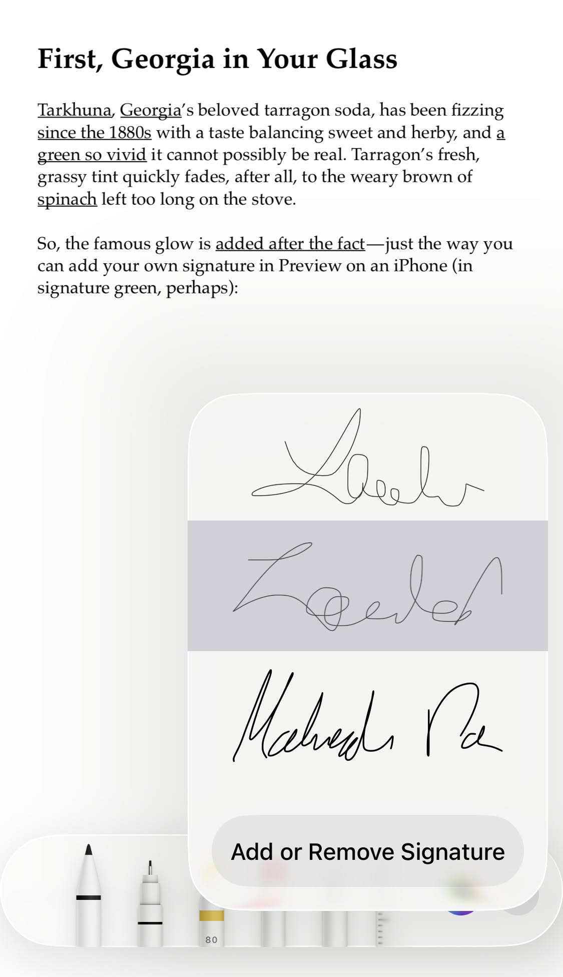 Select the handwritten signature you want to insert in Preview for iPhone