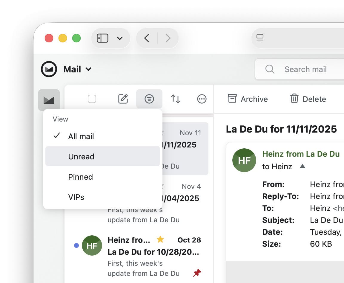 Choose “Unread” in the “View” menu to quickly filter any folder’s email view in Fastmail