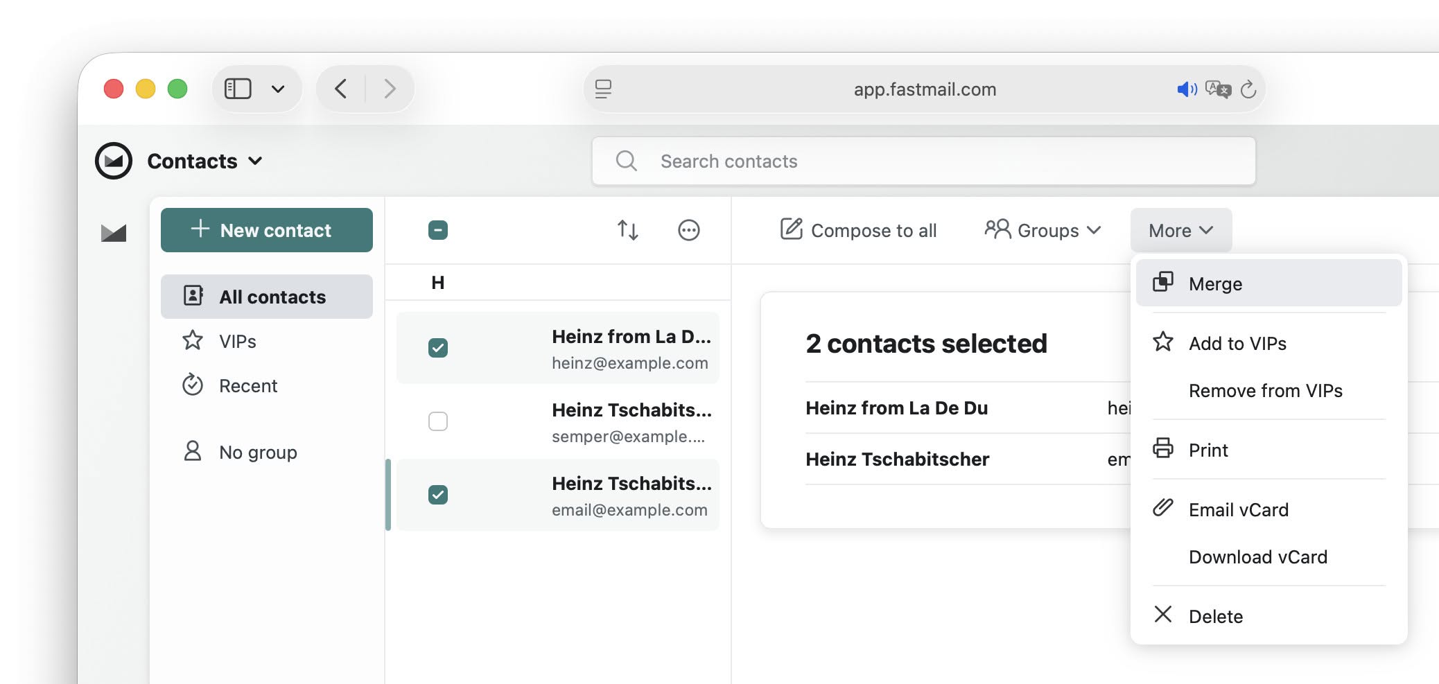 Merging contacts in Fastmail