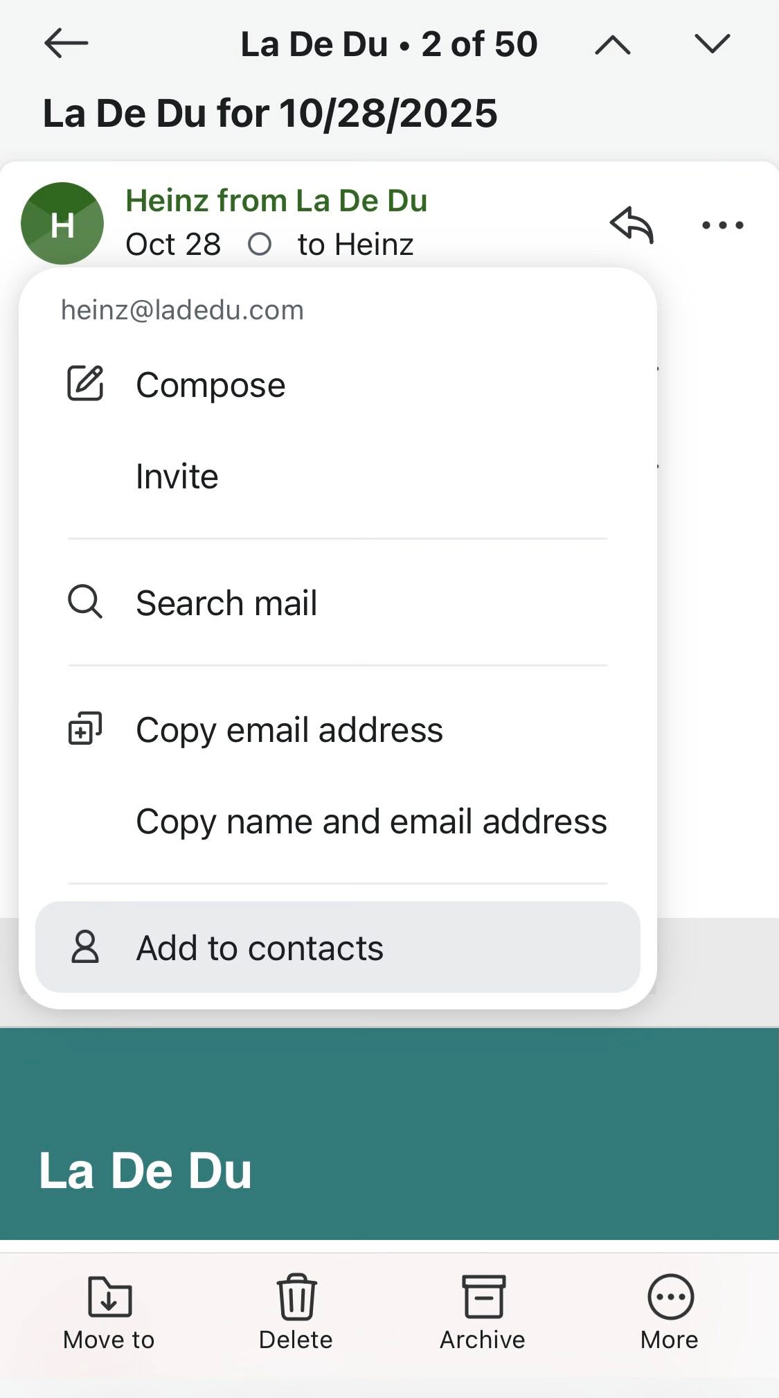 Select “Add to contacts” to create an address book entry for a sender in Fastmail on a mobile device