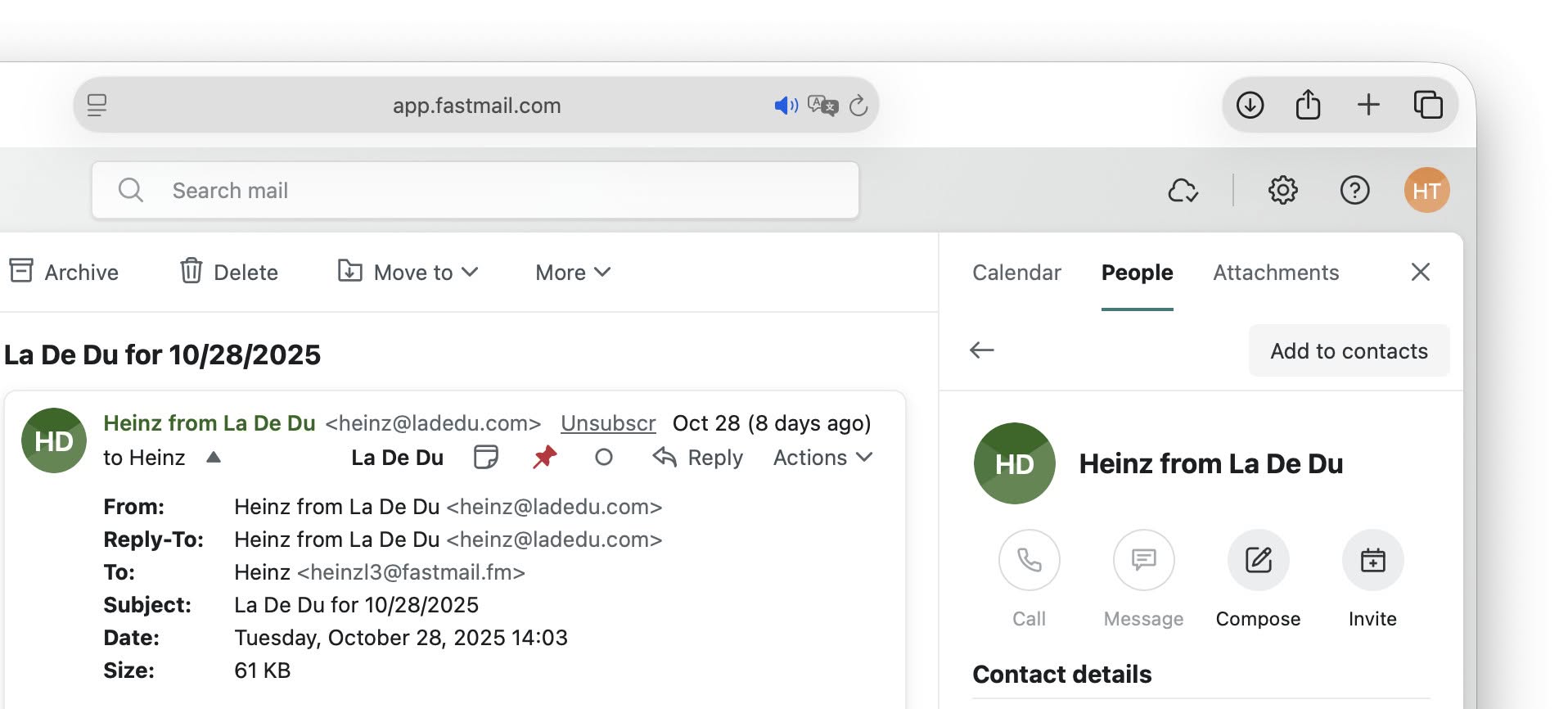 Select “Add to contacts“ to create an address book entry for a sender in Fastmail