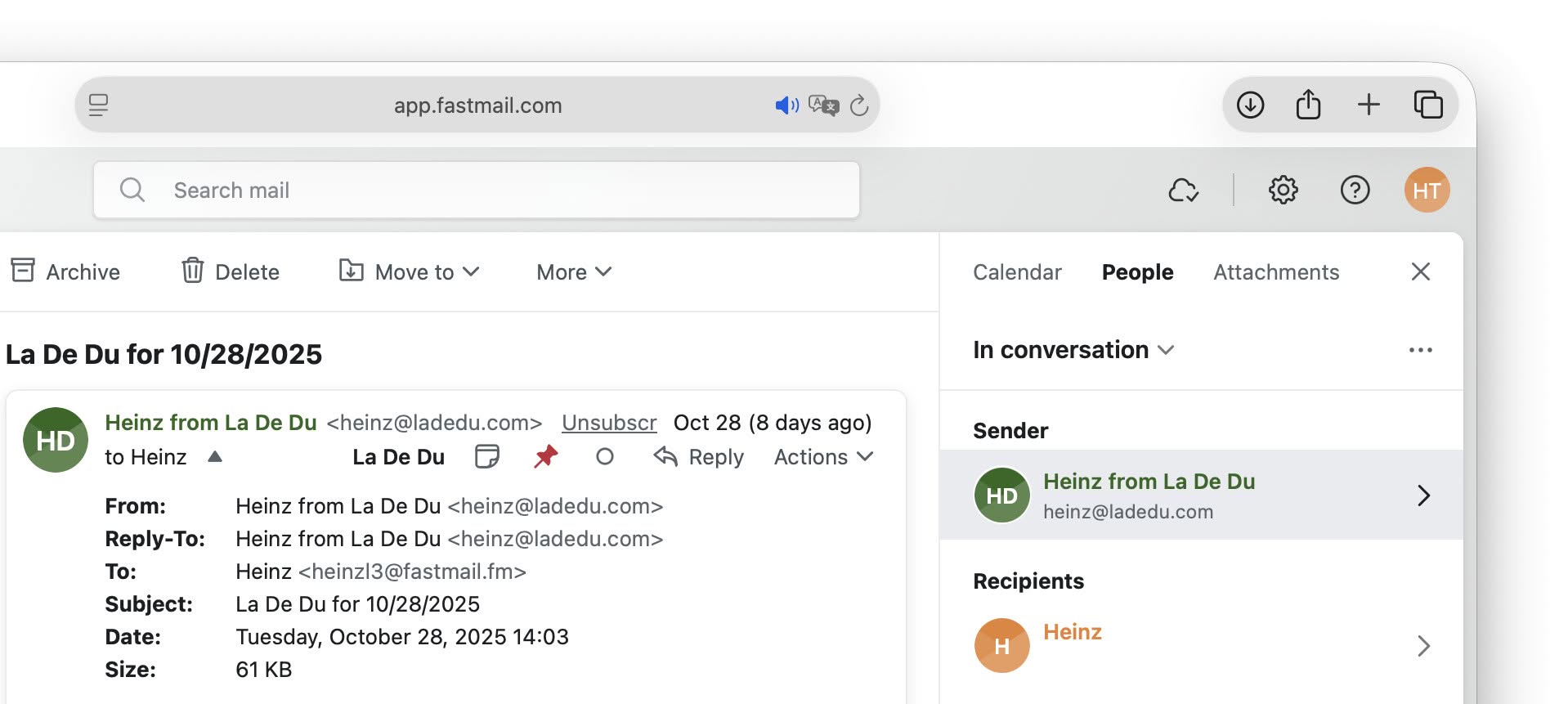 Select the sender in the Fastmail “People” sidebar under “In conversation”