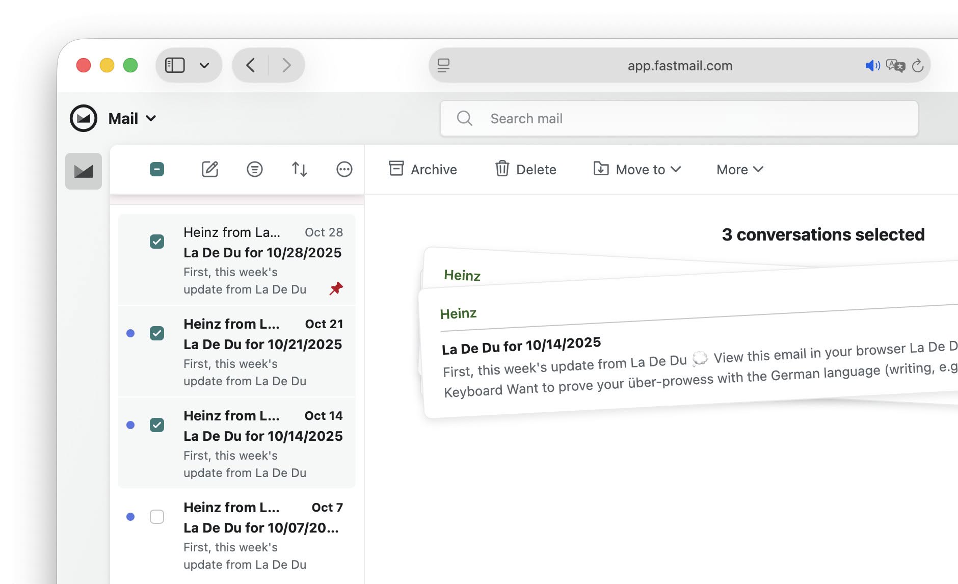 Selecting emails in Fastmail using the checkboxes