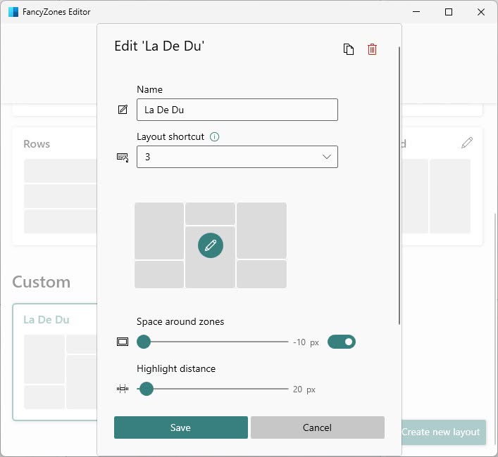 Change the padding around windows in FancyZones layout editor under “Space around zones”
