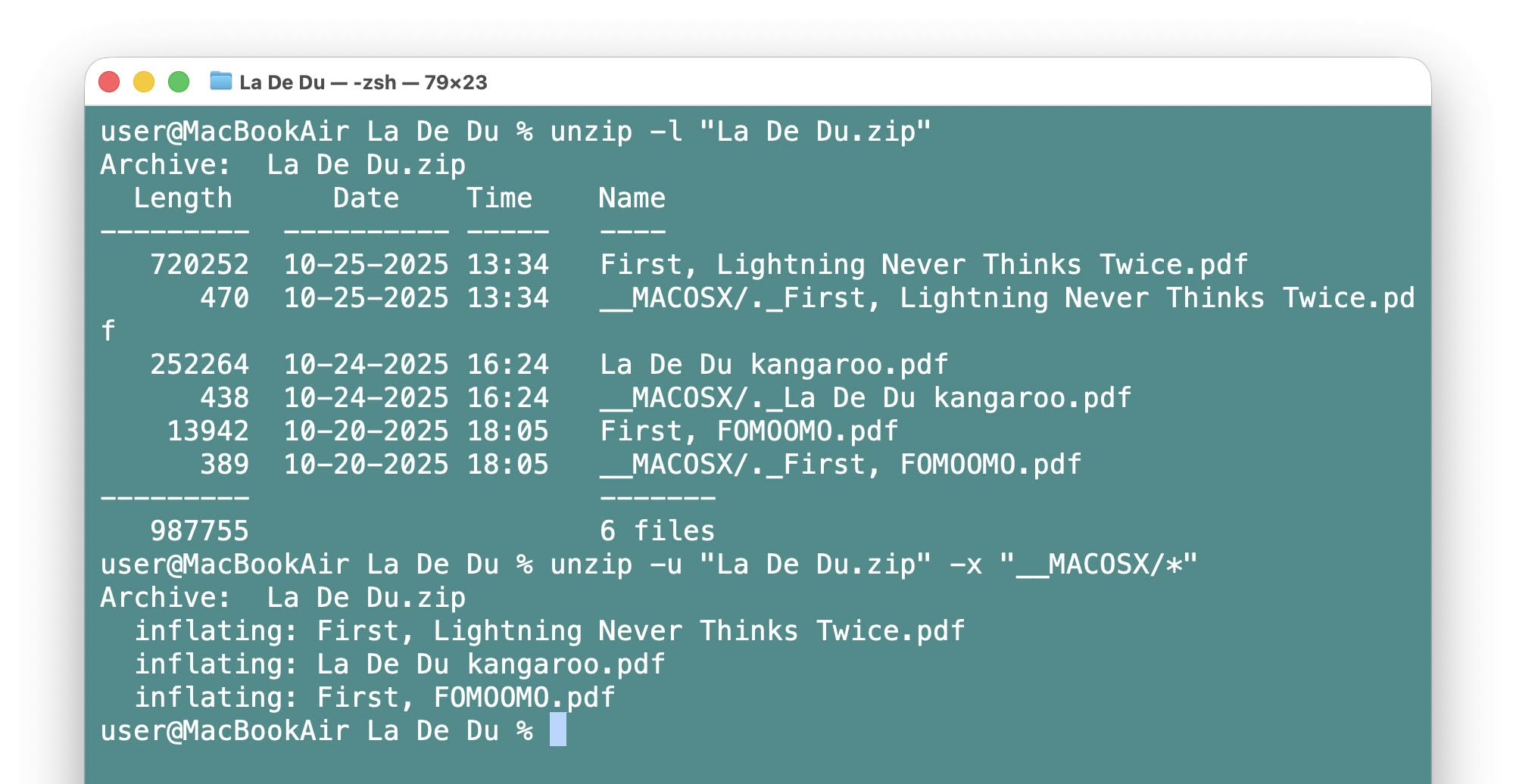 Listing a ZIP file’s contents and unzipping without “__MACOSX” on Mac Terminal