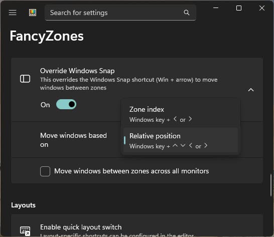 Select “Relative position” for moving windows and override Windows snap to stretch windows across FancyZones zones using the keyboard alone