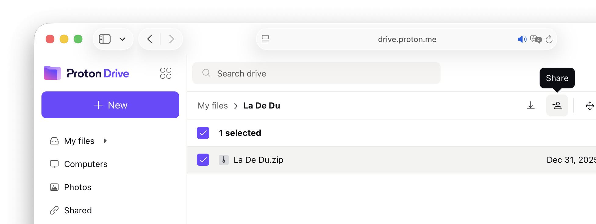 Select “Share” in Proton Drive to make a file available for others to download