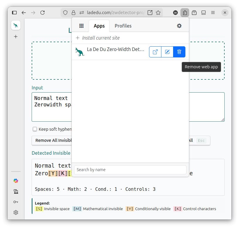 Click “Remove web app” to delsste an app installed in Firefox using Progressive Web Apps