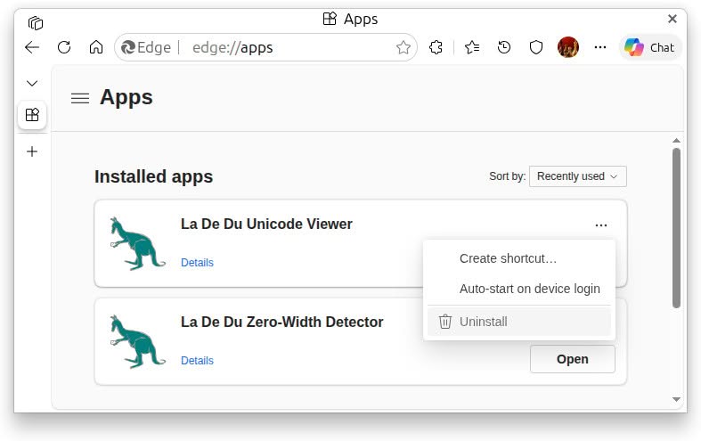 Select “Uninstall” to remove a web app installed with MS Edge