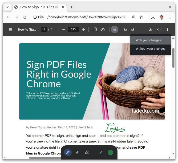 Select “With your changes” to save a PDF file with your signature iin Google Chrome