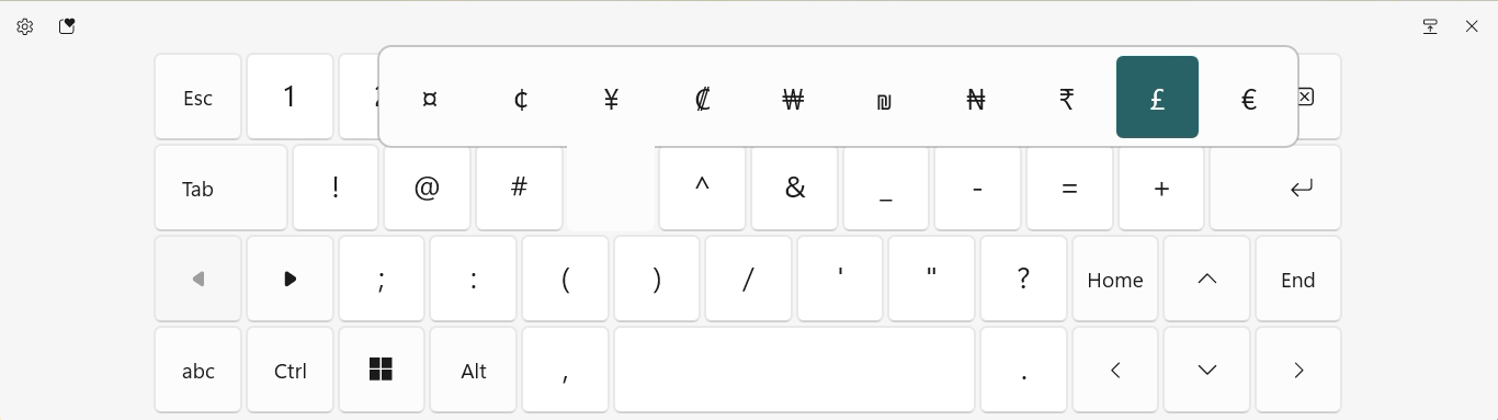 The pound currency symbol on the Windows touch keyboard