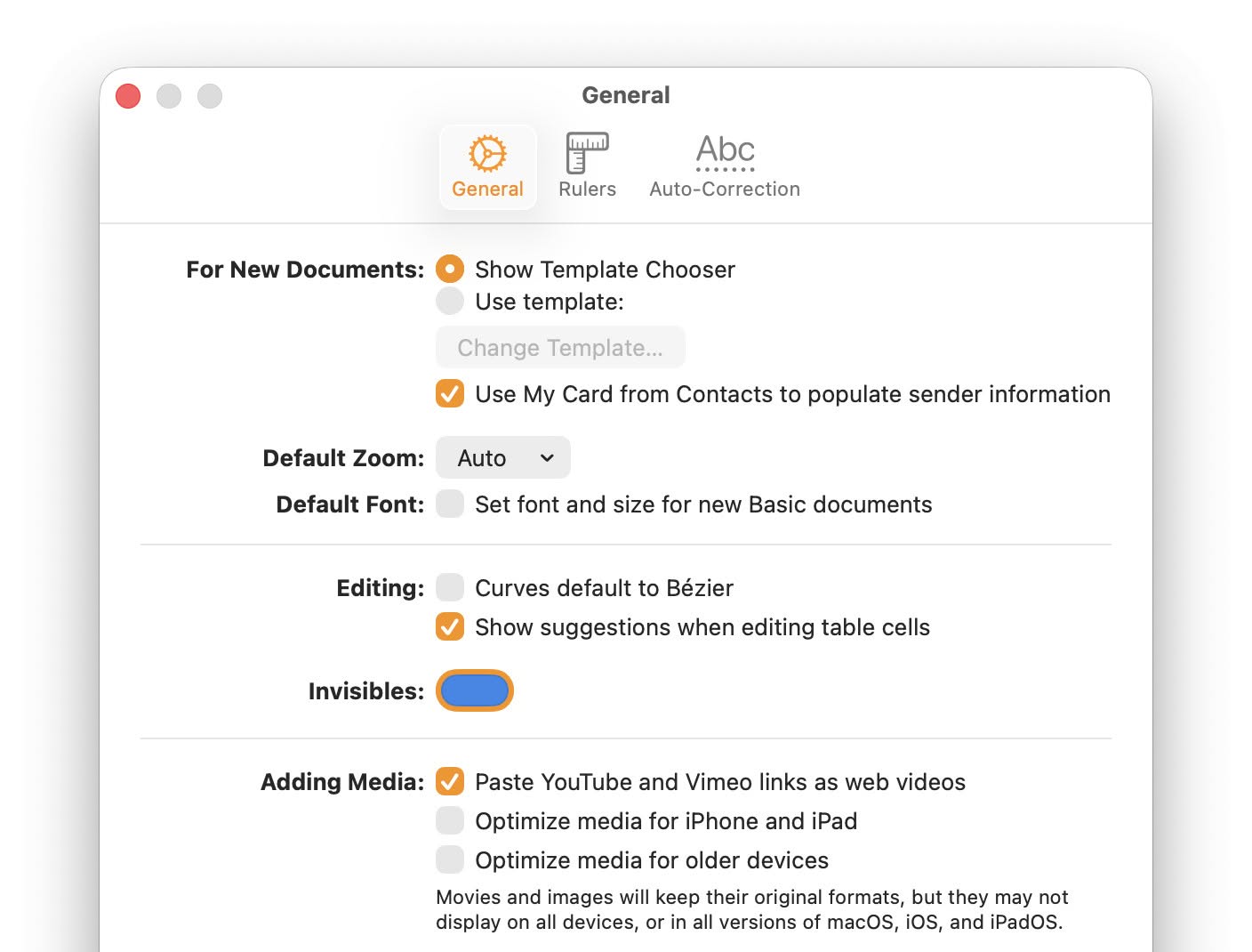 Changing the color of invisible characters in Pages settings on a Mac
