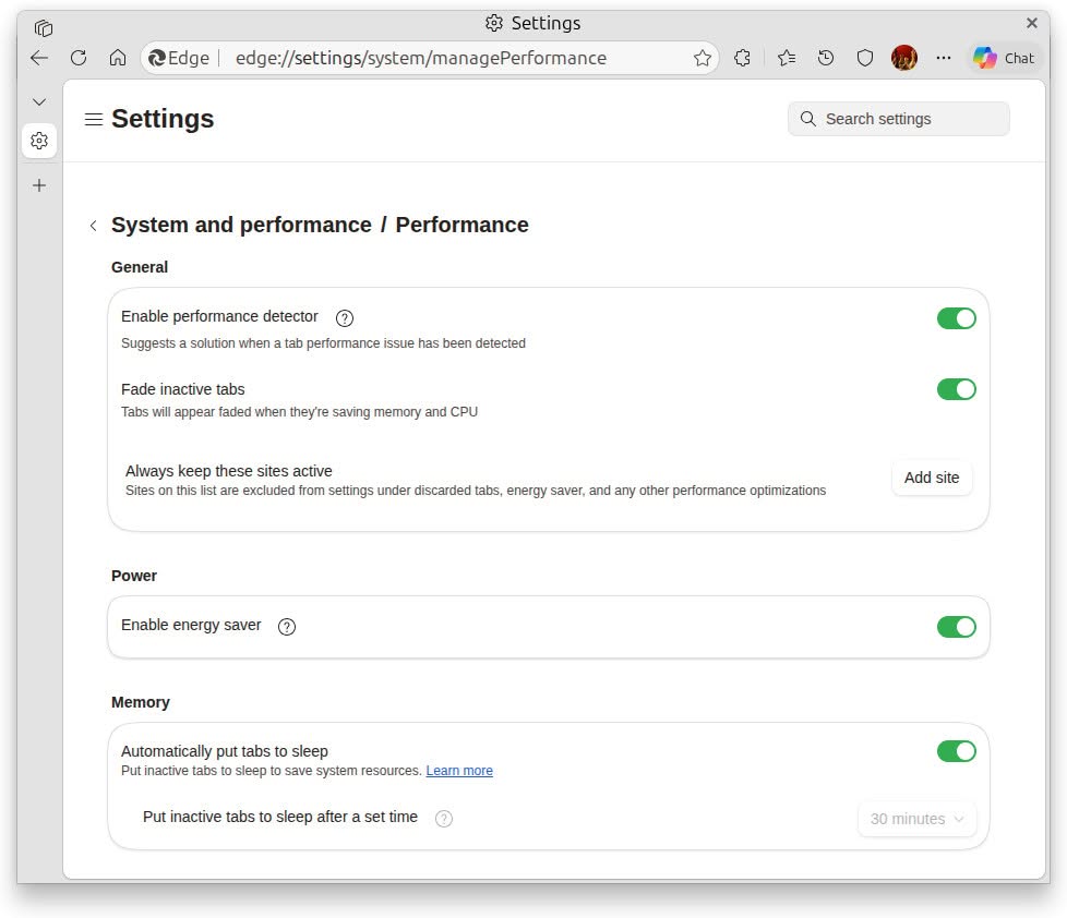 Enabling energy saver in Microsoft Edge