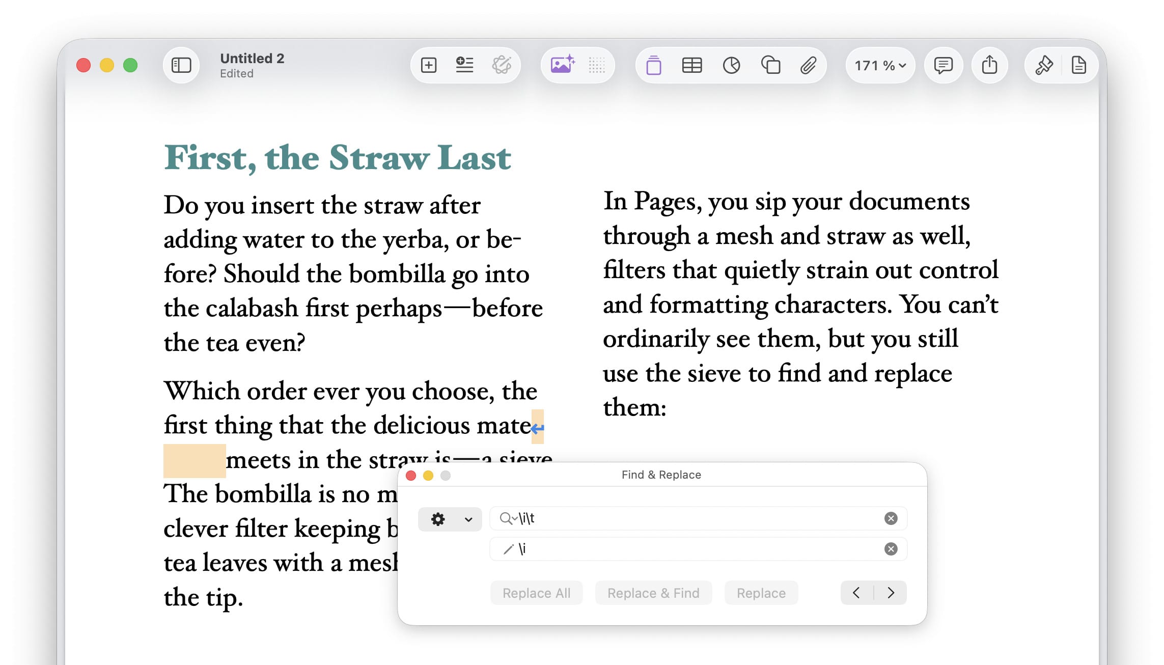 Searching for and replacing invisible control characters in Pages for Mac