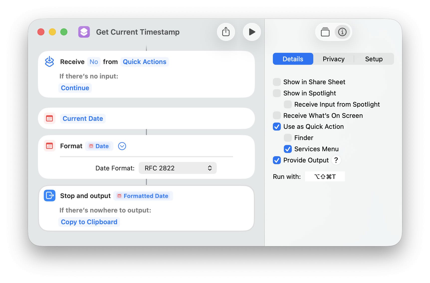 Setting up a Shortcuts Quick Action for inserting the current date and timestamp on macOS