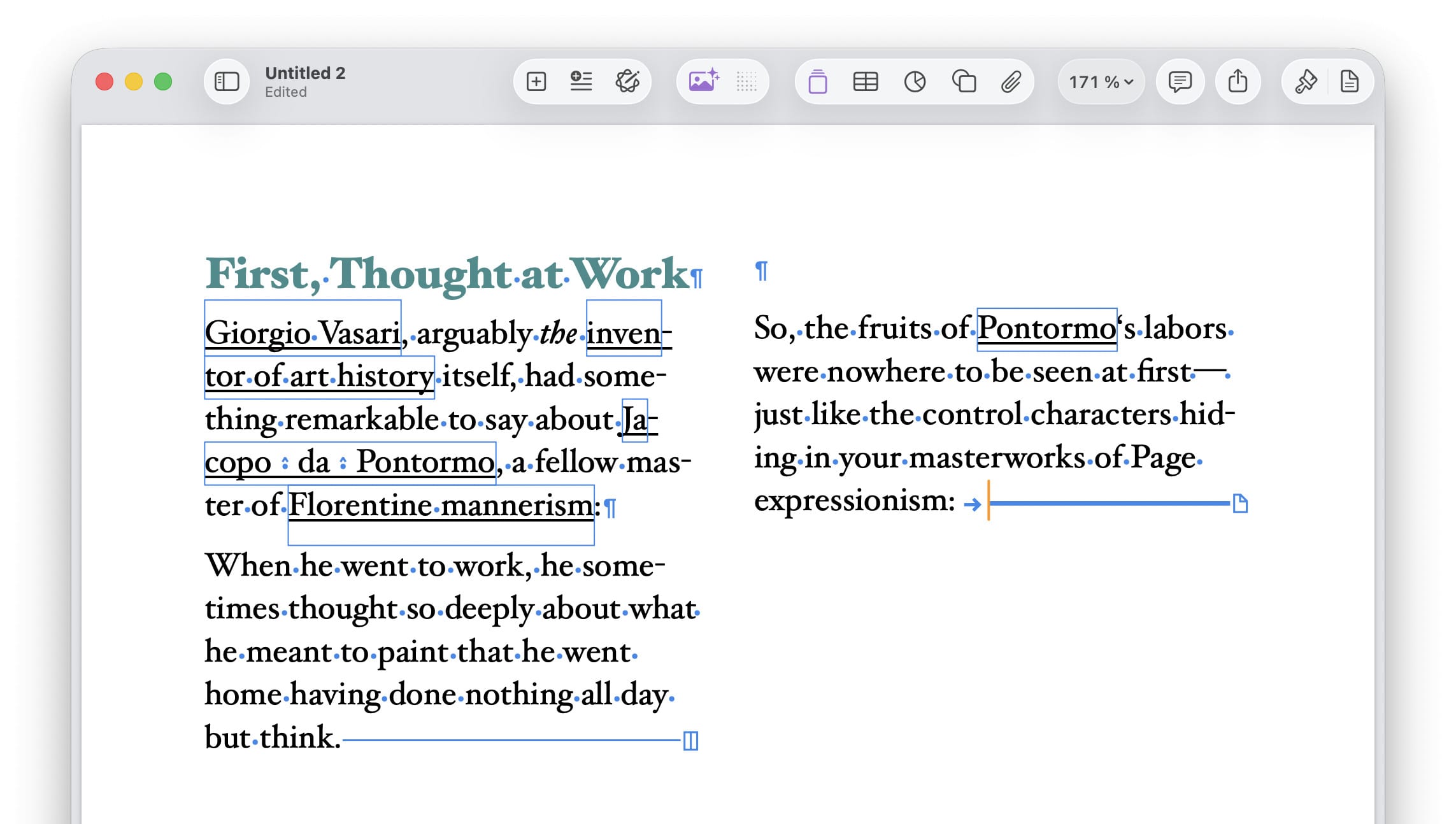 Text in Pages with some hidden characters made visible