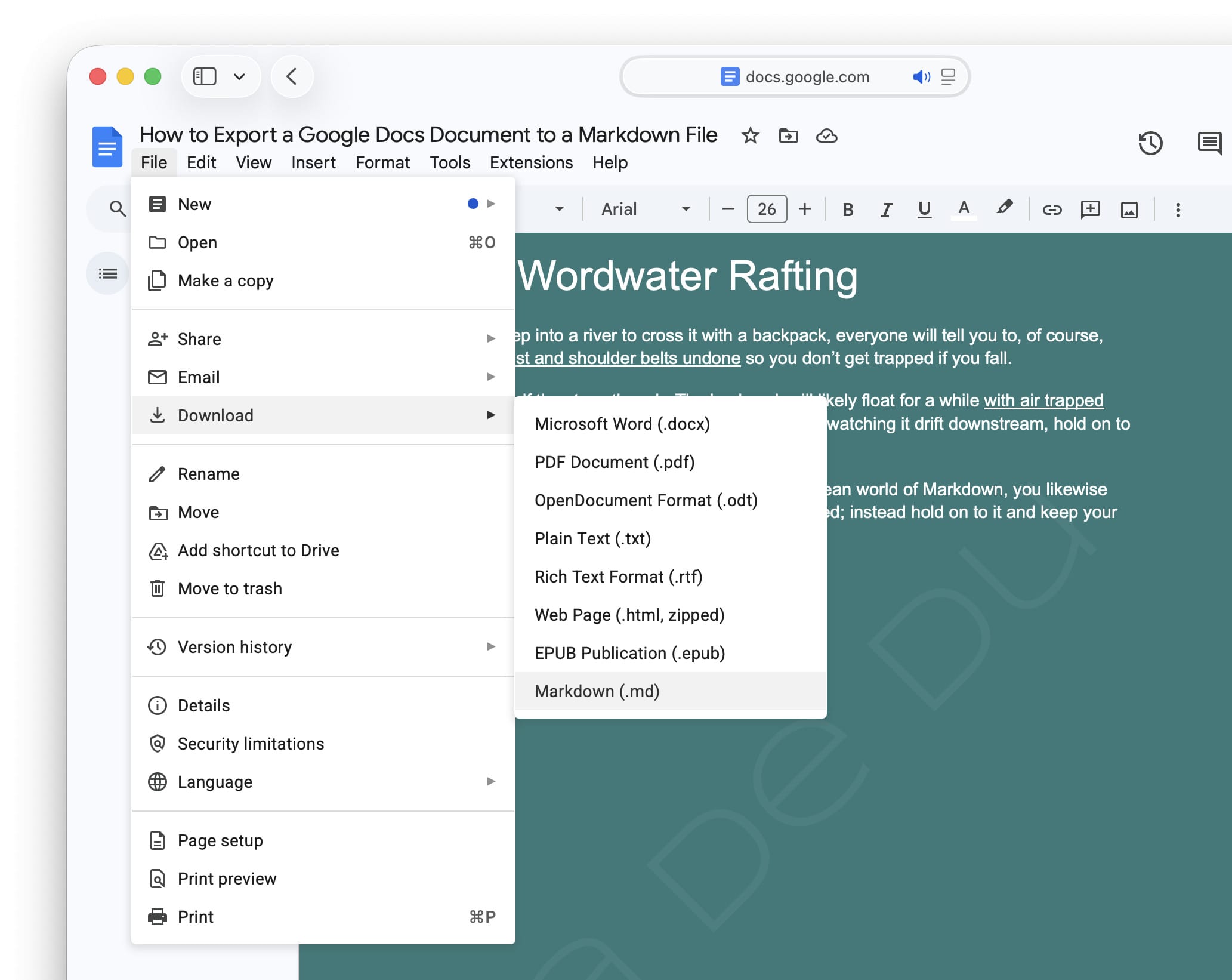 Exporting a Google Docs document to a Markdown file