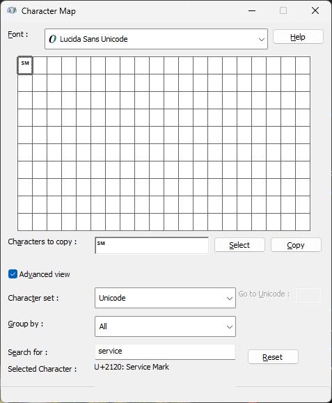 Finding the service mark symbol in Windows Character Map