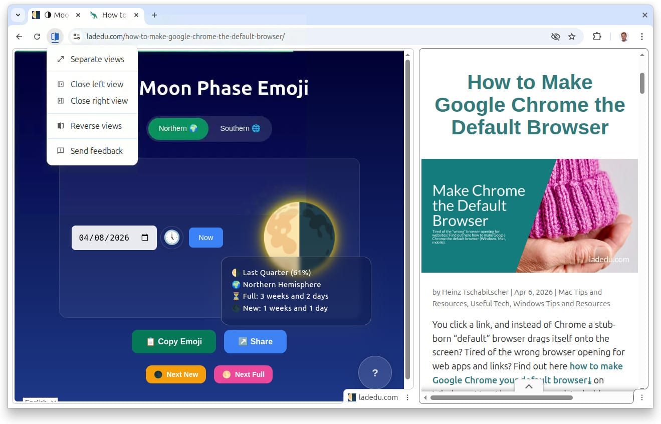 Google Chrome showing two pages side by side in the same browser tab with split view