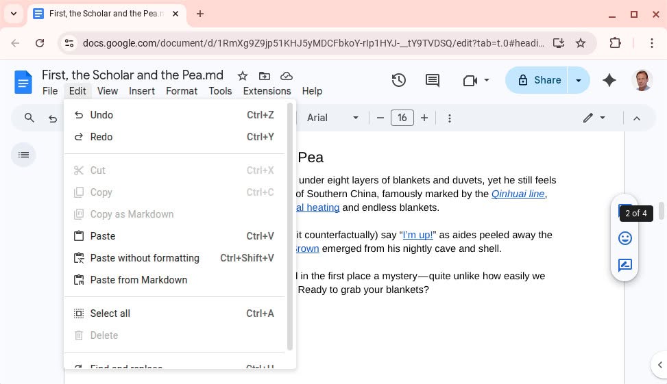 Select “Paste from Markdown” to paste text with Markdown formatting in Google Docs
