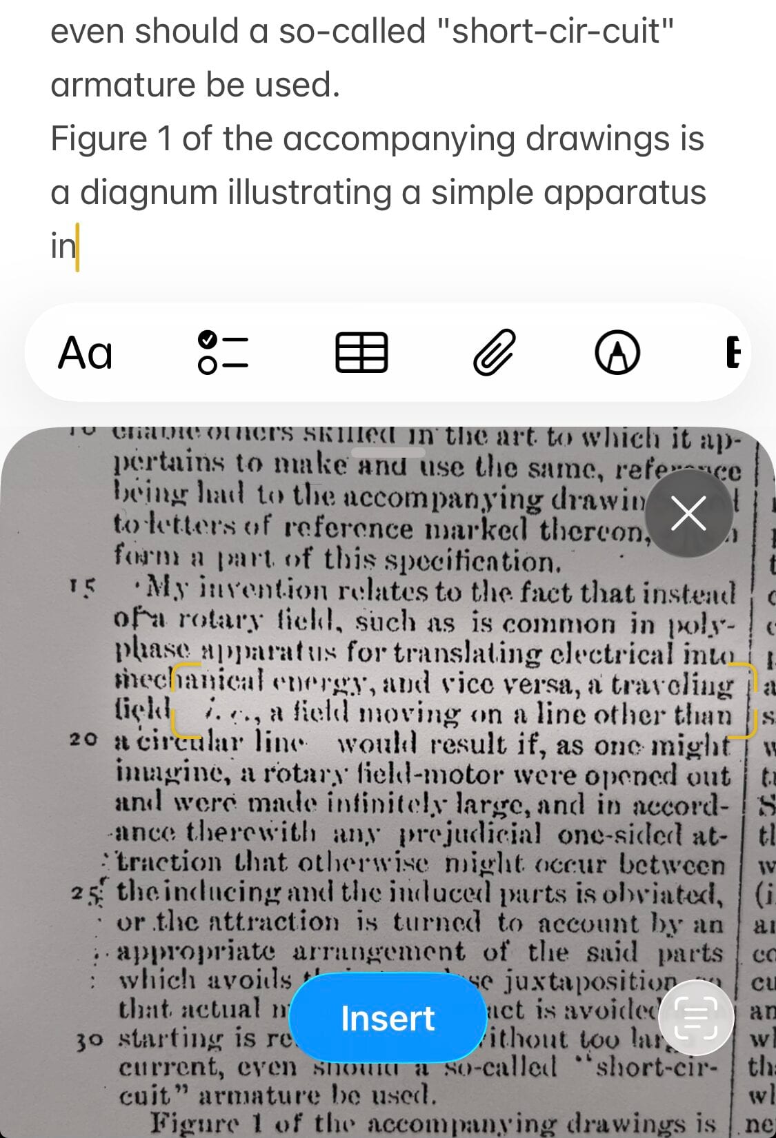 Tap “Insert” to insert the text highlighted and marked with a yellow outline in Apple Notes