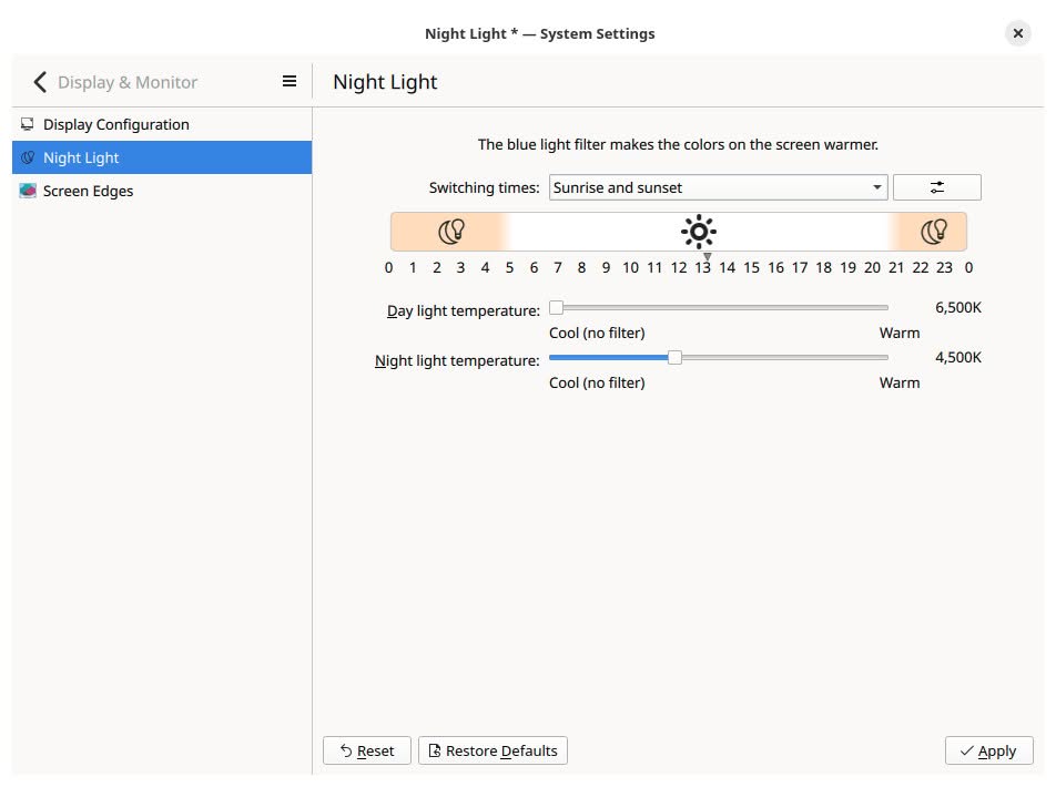 Picking Night Light settings for KDE Plasma