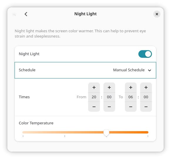 Setting a schedule for automatic blue light reduction on Gnome Linux using Night Light