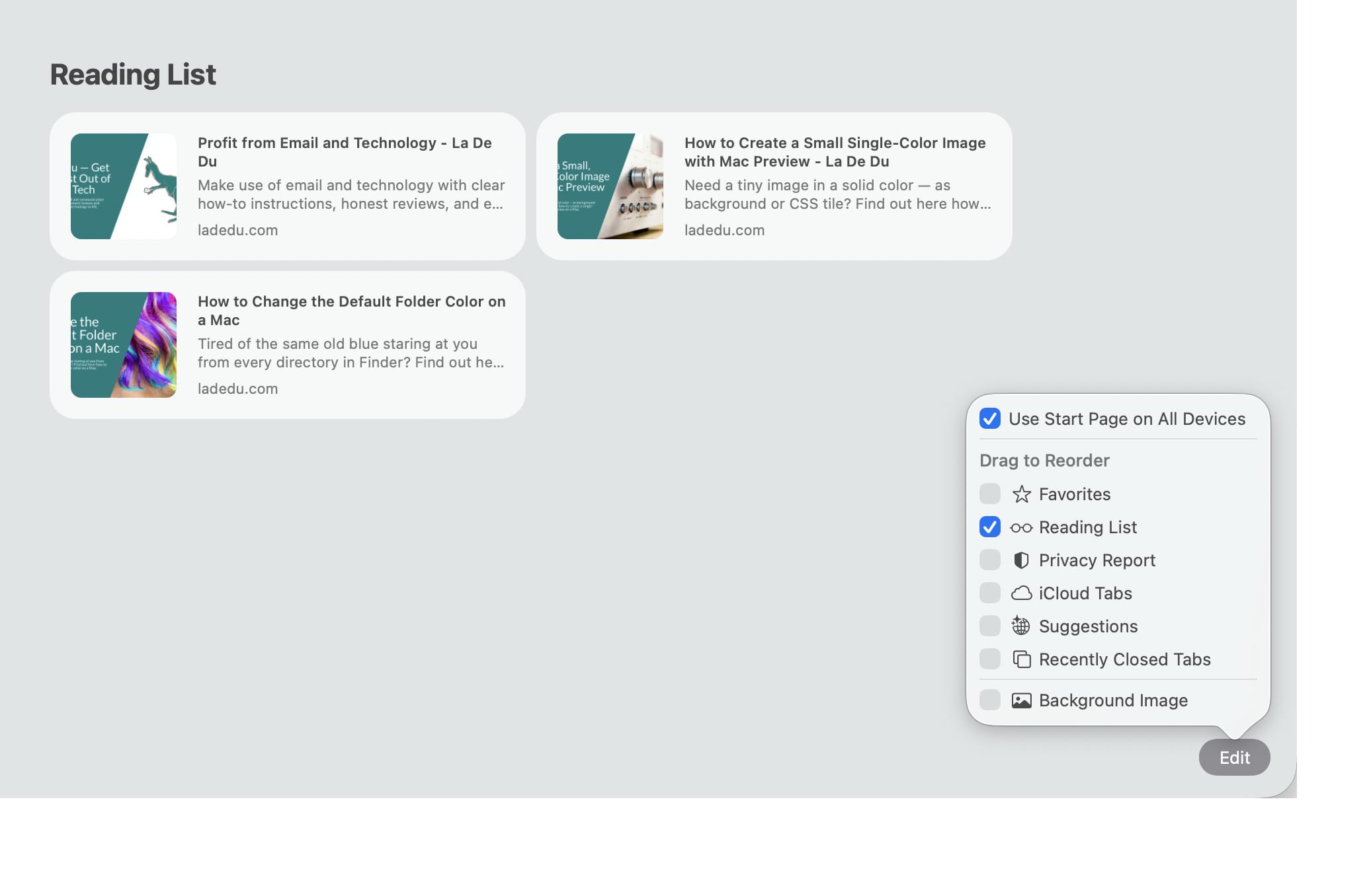 Turn off “Background Image” for a clean, uncluttered Safari Start Page