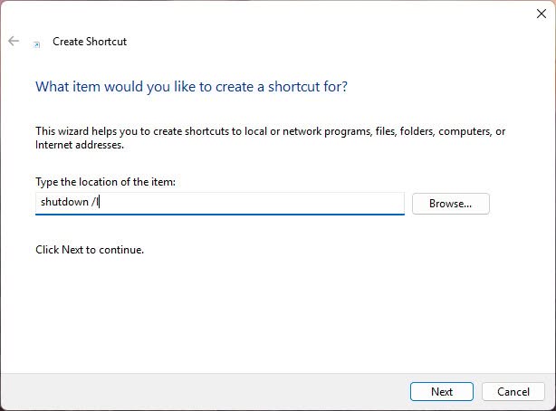 Use “shutdown :l” to set up a log-out shortcut on the Windows desktop