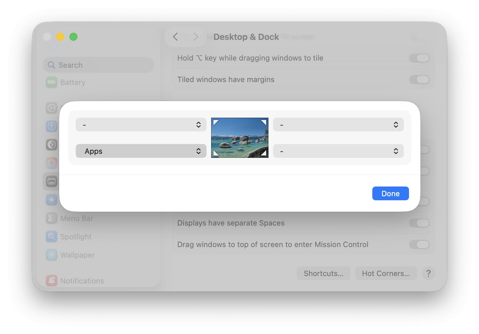 Choose “Apps” to set up a hot corner for opening “Spotlight Applications” on macOS