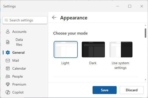 Forcing New Outlook to use light mode for its interface and messages