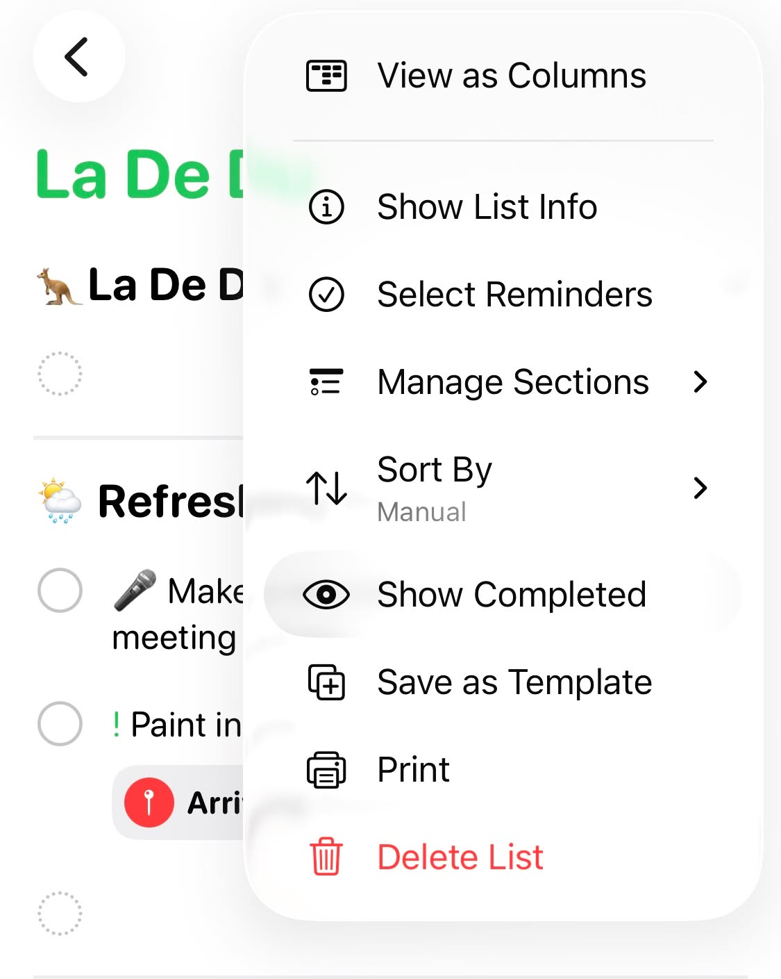 Selct “Show Completed” from the menu to see done tasks for a list in Apple Reminders for iOS